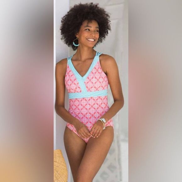 Cabana Life Tiffany Blue & Coral One Piece Swimsuit was a sample SZ S NWOT - Picture 1 of 7